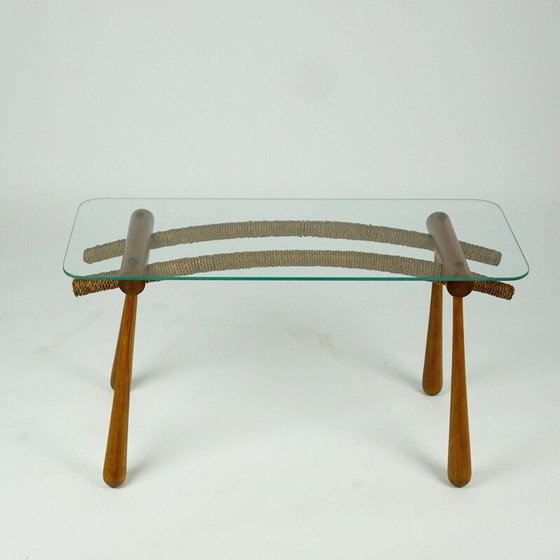Image 1 of Table d'appoint en hêtre du milieu du siècle avec cordon et plateau en verre par Max Kment autrichien années 1950