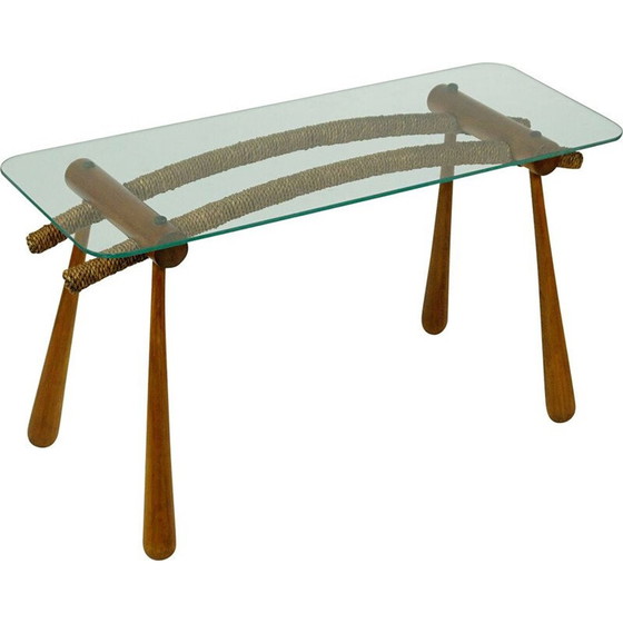 Image 1 of Table d'appoint en hêtre du milieu du siècle avec cordon et plateau en verre par Max Kment autrichien années 1950