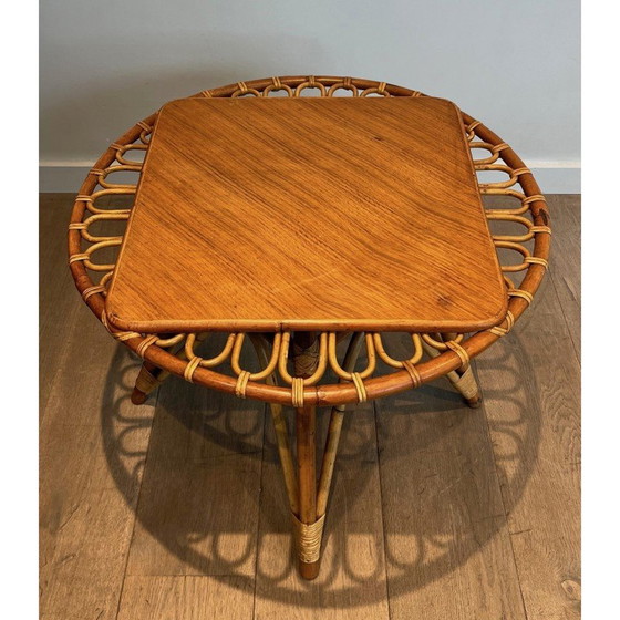 Image 1 of Table basse vintage en rotin trampoline, France 1950