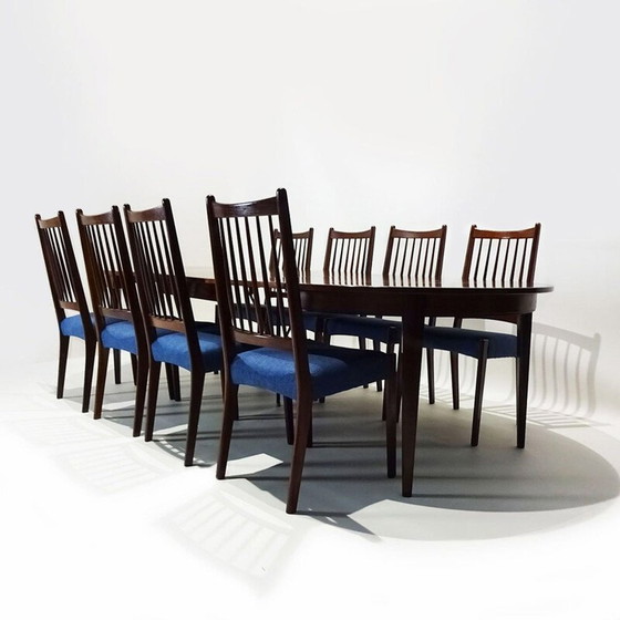 Image 1 of Ensemble de 8 chaises de salle à manger danoises du milieu du siècle en teck et tissu par Arne Hovmand Olsen pour Mogens Kold