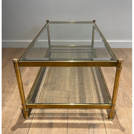 Image 1 of Table basse vintage en laiton avec double plateau en verre, 1970