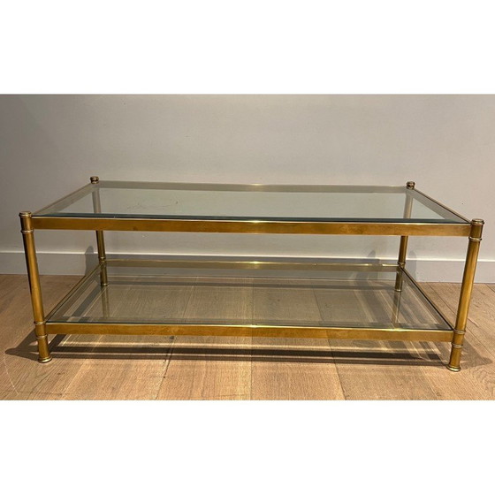 Image 1 of Table basse vintage en laiton avec double plateau en verre, 1970