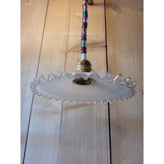 Image 1 of Lampe suspendue vintage "Froufrou" en opaline et perles de verre