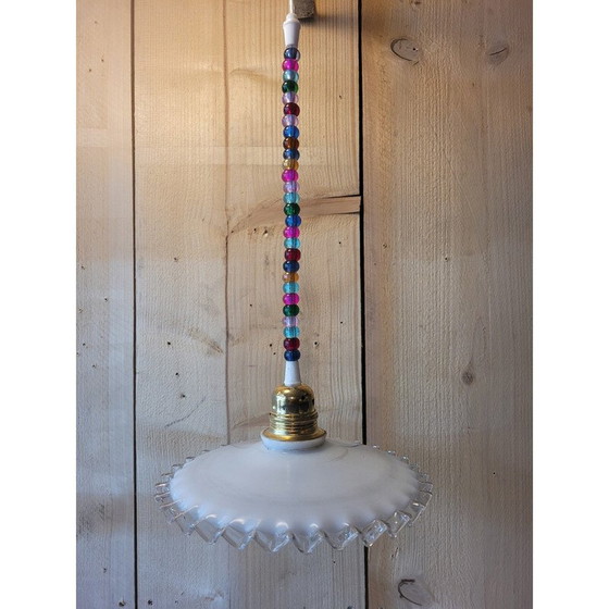 Image 1 of Lampe suspendue vintage "Froufrou" en opaline et perles de verre