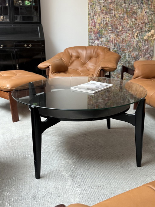 Wilhelm Renz Table basse verre bois noir ronde 103cm de diamètre, Allemagne 1960Er