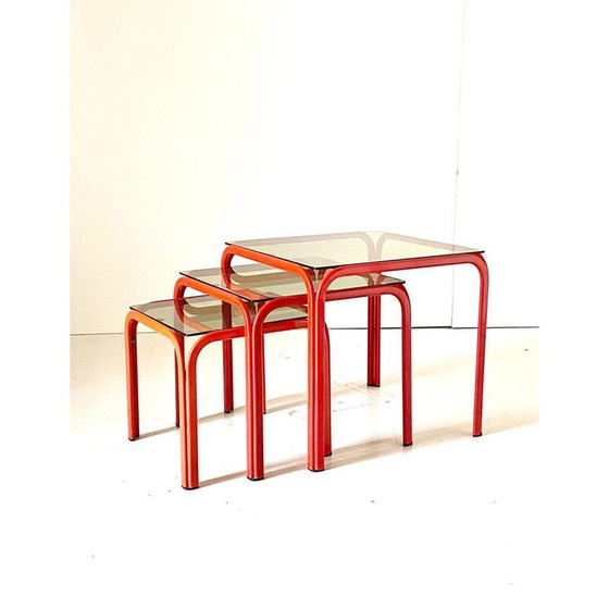 Image 1 of Tables gigognes vintage en fer et verre fumé, Italie 1970