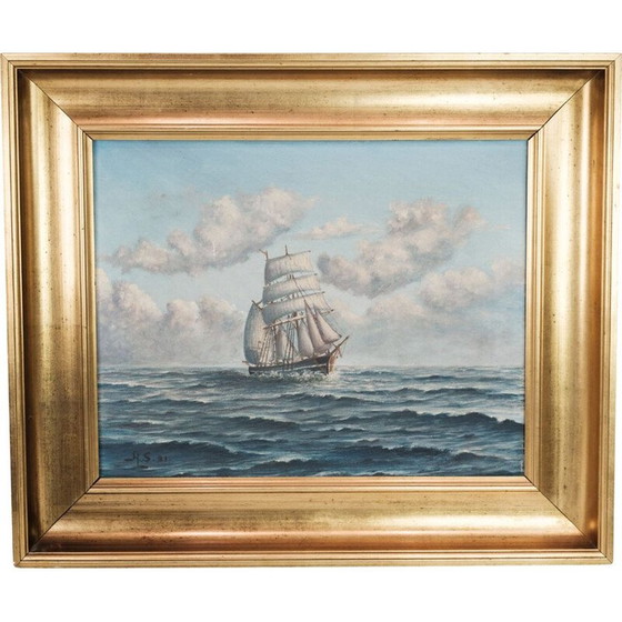 Image 1 of Peinture marine vintage avec cadre doré, 1920