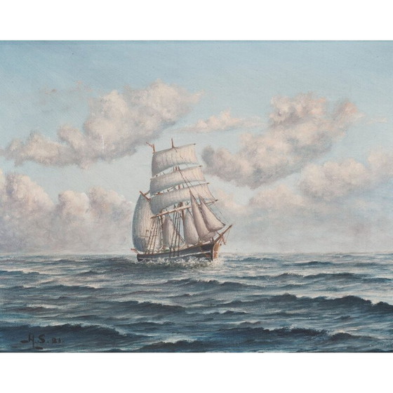 Image 1 of Peinture marine vintage avec cadre doré, 1920
