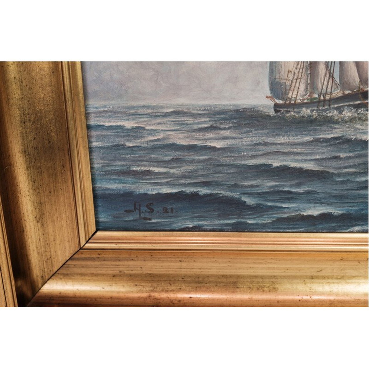 Gravure Ancienne Originale – Port De Mer Avec Bateau – Cadre Doré – Bon état