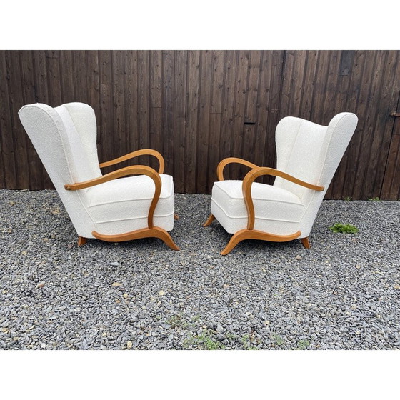 Image 1 of Paire de fauteuils vintage avec oreilles en tissu bouclé blanc, Italie 1960