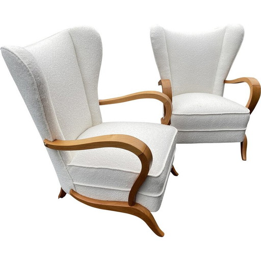 Paire de fauteuils vintage avec oreilles en tissu bouclé blanc, Italie 1960