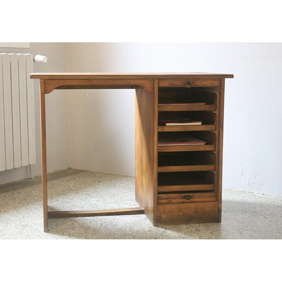 Image 1 of Bureau vintage en bois de chêne avec rideau coulissant, 1950