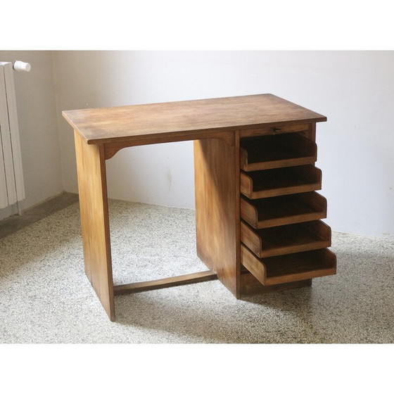 Image 1 of Bureau vintage en bois de chêne avec rideau coulissant, 1950