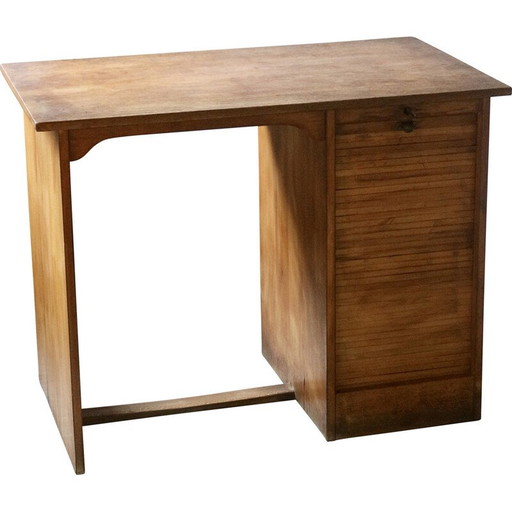 Bureau vintage en bois de chêne avec rideau coulissant, 1950