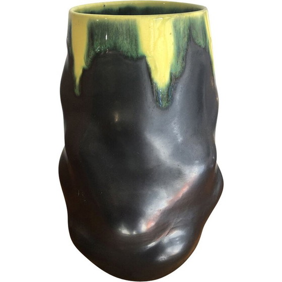 Image 1 of Vase vintage en céramique noir et jaune, 1950