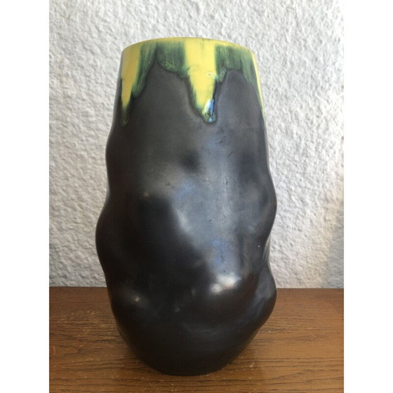 Image 1 of Vase vintage en céramique noir et jaune, 1950