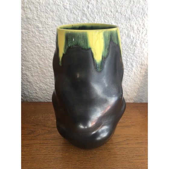 Image 1 of Vase vintage en céramique noir et jaune, 1950