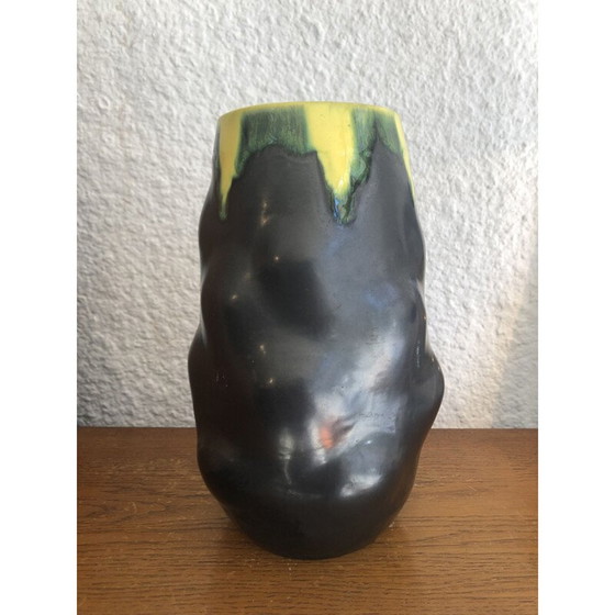 Image 1 of Vase vintage en céramique noir et jaune, 1950