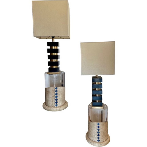 Paire de colonnes vintage en travertin et plexiglas