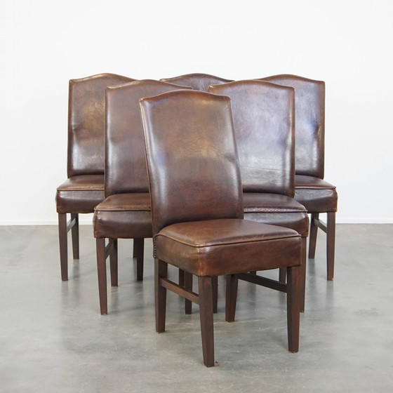 Image 1 of 6 x Chaise de salle à manger en cuir de mouton foncé