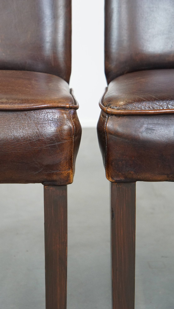 Image 1 of 6 x Chaise de salle à manger en cuir de mouton foncé