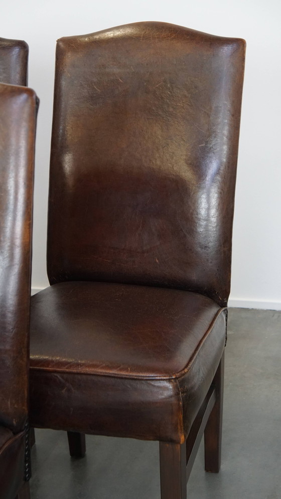 Image 1 of 6 x Chaise de salle à manger en cuir de mouton foncé