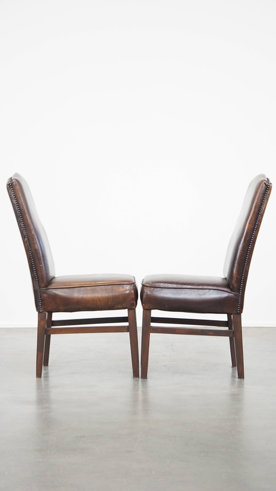 Image 1 of 6 x Chaise de salle à manger en cuir de mouton foncé