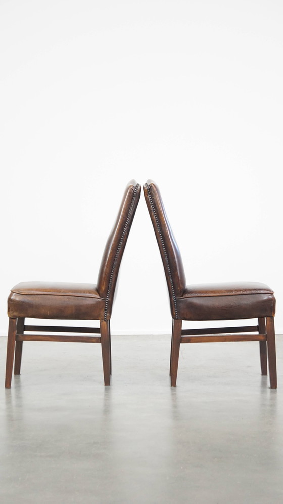 Image 1 of 6 x Chaise de salle à manger en cuir de mouton foncé