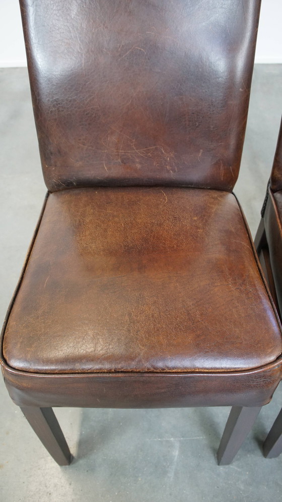 Image 1 of 6 x Chaise de salle à manger en cuir de mouton foncé