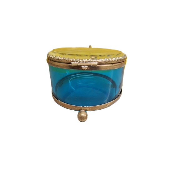 Image 1 of Boîte à bijoux en cristal et verre bleu, 19e siècle