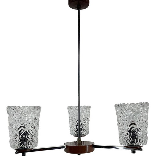 Lustre vintage en chrome et verre, Tchécoslovaquie, années 1970