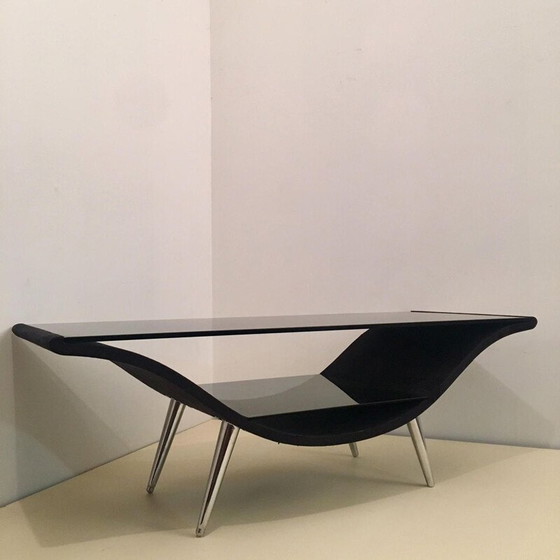 Image 1 of Table basse vintage en feutre noir et verre avec 2 plateaux, 1980