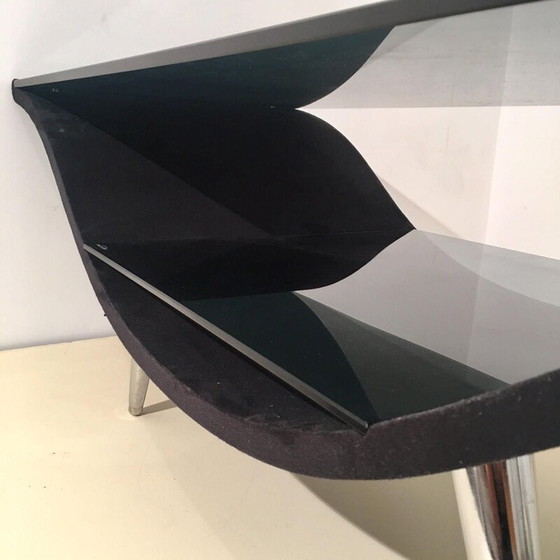 Image 1 of Table basse vintage en feutre noir et verre avec 2 plateaux, 1980