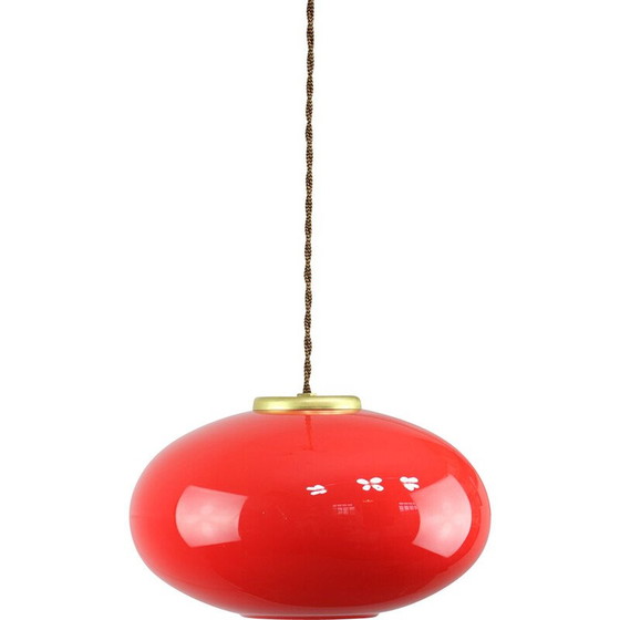 Image 1 of Lampe suspendue vintage en laiton et verre rouge, Italie 1960