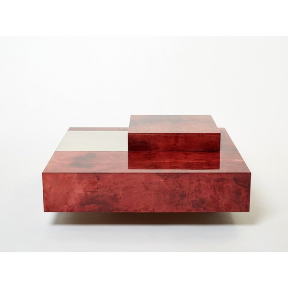 Image 1 of Table basse vintage en parchemin rouge et acier avec bar par Aldo Tura, Italie 1960