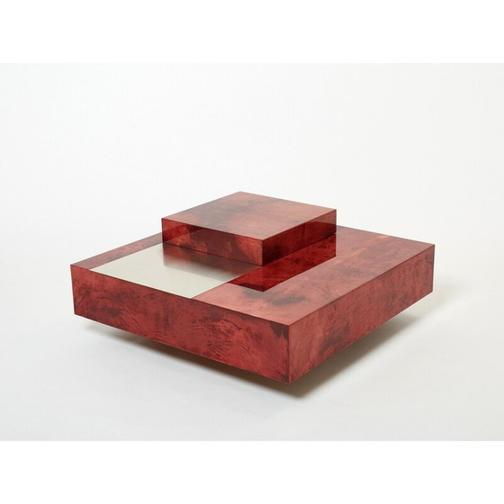 Image 1 of Table basse vintage en parchemin rouge et acier avec bar par Aldo Tura, Italie 1960