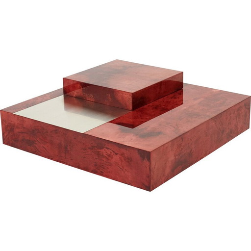 Table basse vintage en parchemin rouge et acier avec bar par Aldo Tura, Italie 1960