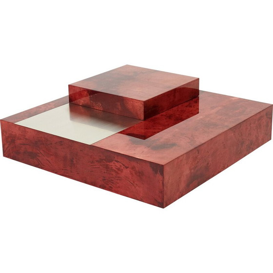 Image 1 of Table basse vintage en parchemin rouge et acier avec bar par Aldo Tura, Italie 1960