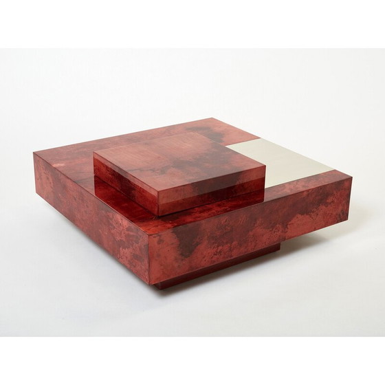 Image 1 of Table basse vintage en parchemin rouge et acier avec bar par Aldo Tura, Italie 1960