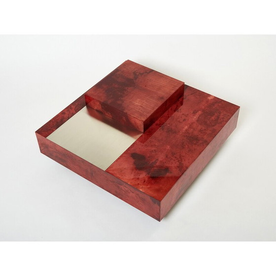 Image 1 of Table basse vintage en parchemin rouge et acier avec bar par Aldo Tura, Italie 1960