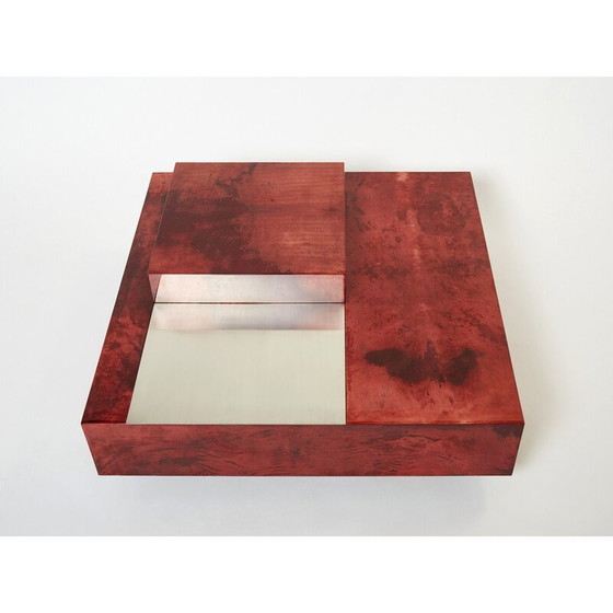 Image 1 of Table basse vintage en parchemin rouge et acier avec bar par Aldo Tura, Italie 1960
