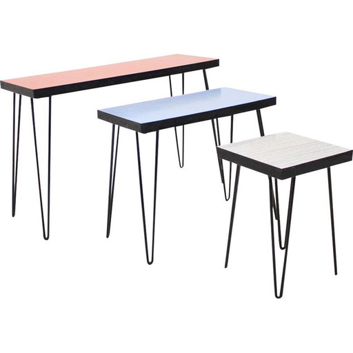 Tables gigognes vintage en métal et umakart, Tchécoslovaquie 1970