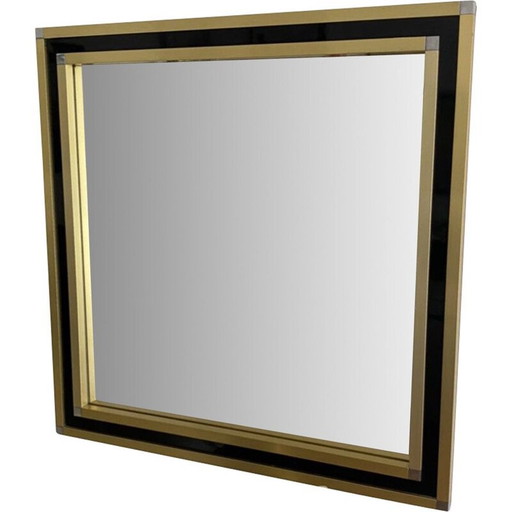 Miroir vintage avec cadre en métal chromé et laqué noir, Italie 1970