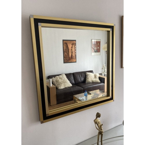 Image 1 of Miroir vintage avec cadre en métal chromé et laqué noir, Italie 1970