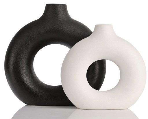 Lot De 2 Vases En Céramique Creux En Forme De Beignet Noir Et Blanc