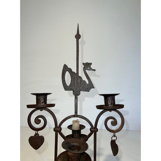 Image 1 of Candélabre vintage en fer forgé à 2 lumières représentant un cygne, France 1950