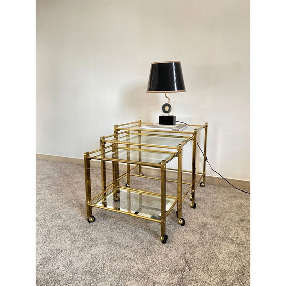 Image 1 of Tables gigognes vintage "Nido" en laiton et verre, Italie, années 1970