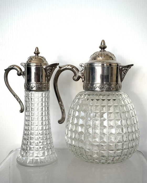 Image 1 of Carafes Vintage 50s Argenté Carafe Cristal Verre Italie