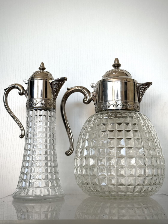 Image 1 of Carafes Vintage 50s Argenté Carafe Cristal Verre Italie