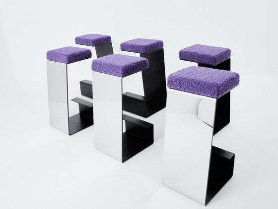 Image 1 of Ensemble de six tabourets de bar en fer forgé, acier poli et bouclé 1970S